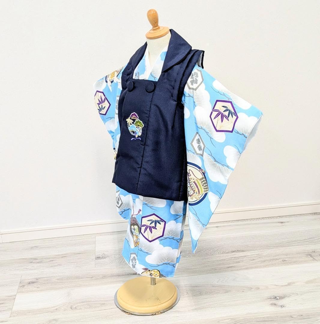 七五三 3歳 男児 ブランド 着物 被布コート セット 水色 紺 古典 KM3 七五三 3歳 男児 ブランド 着物 被布コート セット 水色 紺 古典